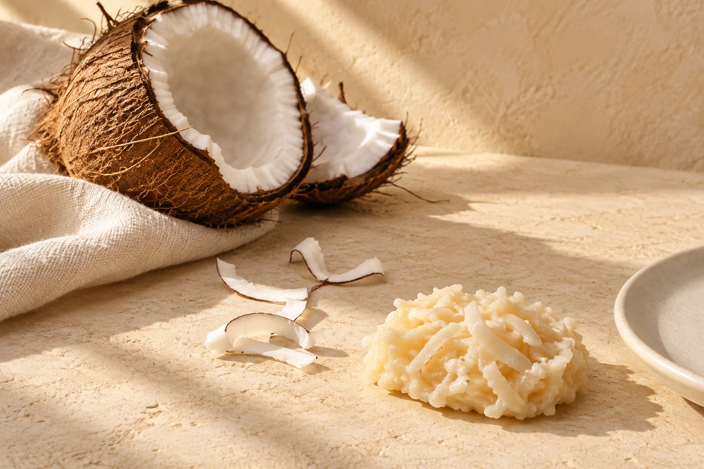 Coco aberto e cocada em uma composição de ingredientes