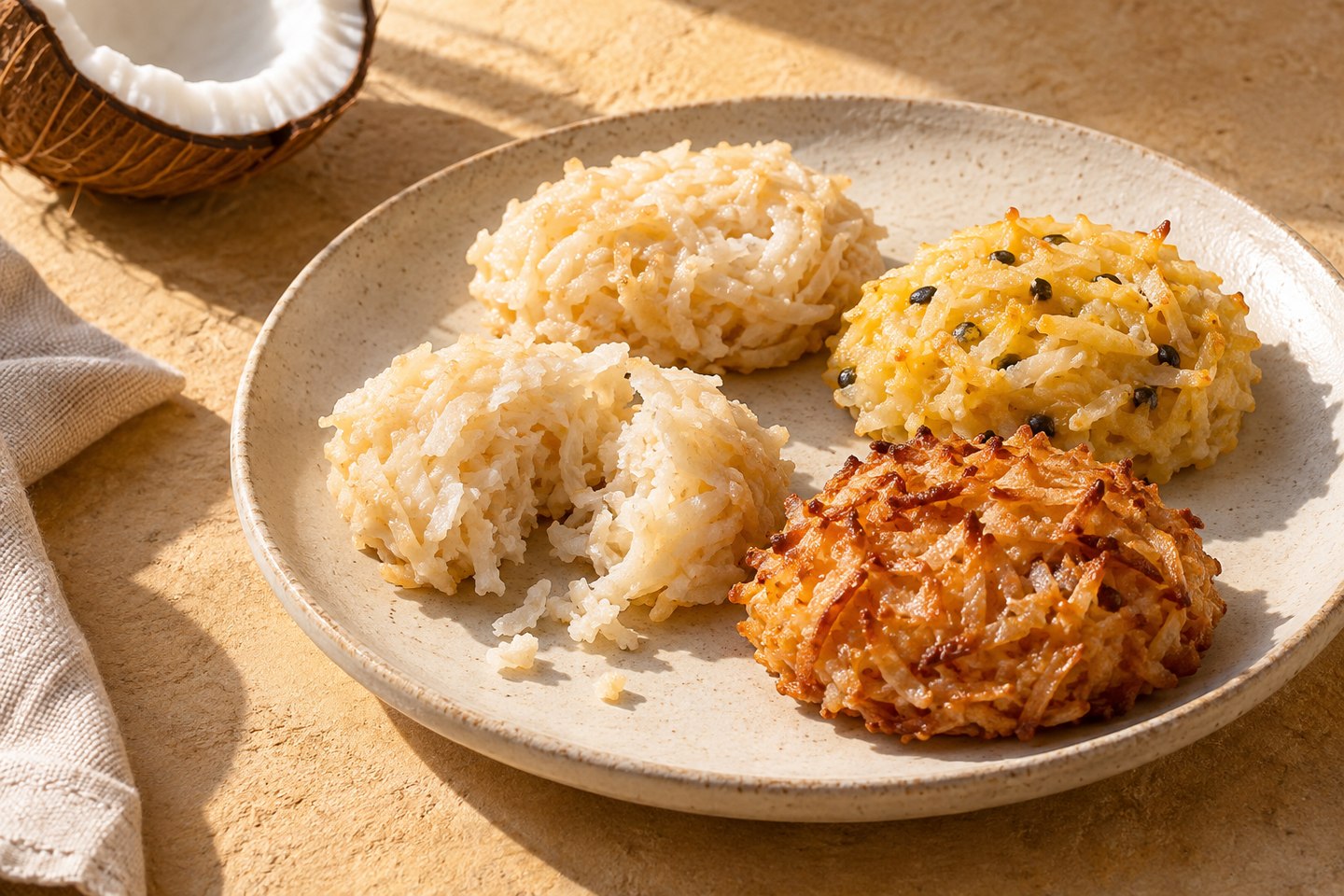 Cocadas de coco, maracujá e coco queimado em uma composição de sabores